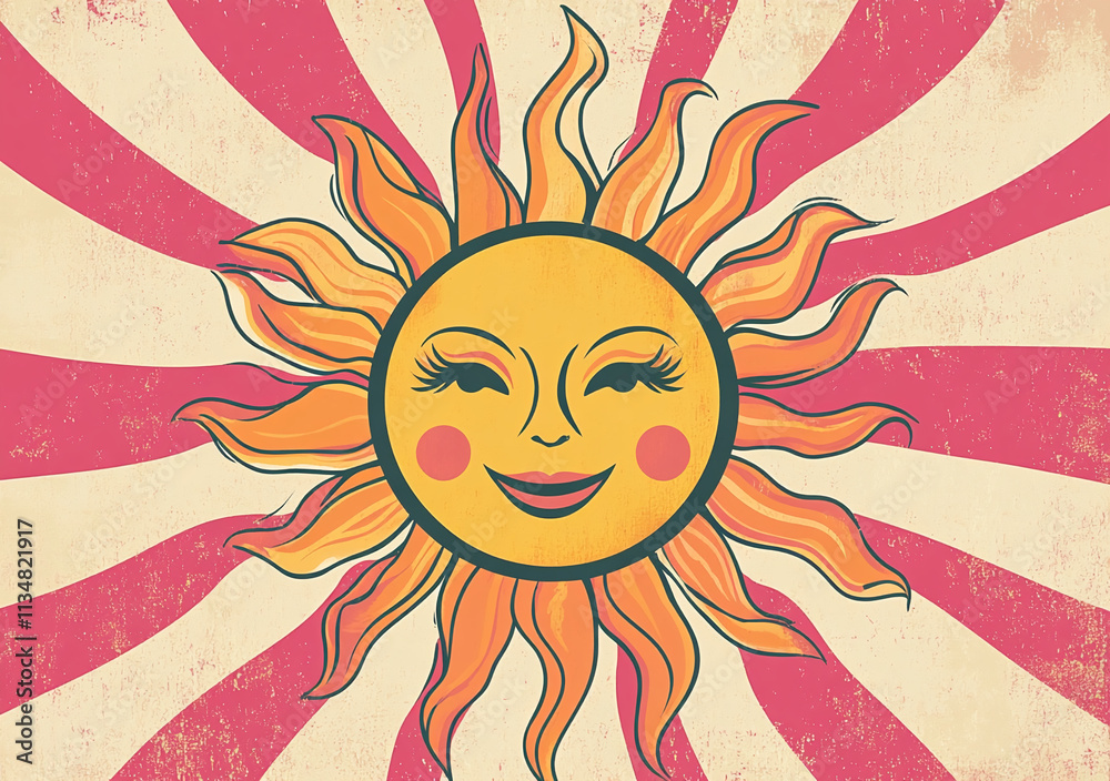 Poster Bright sun with smiling face and rays shining over a retro striped background in cheerful colors