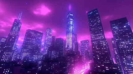 Fototapeta premium Futuristic neon cityscape aerial view of urban skyline nights