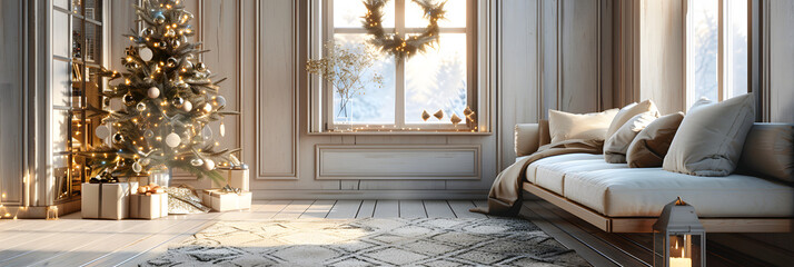 A Scandinavian-style Christmas nook with wooden furniture, white and gray decor, and a small pine tree with simple lights
