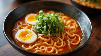 Delicious ramen noodles with an egg topping in a dark bowl, Generative AI