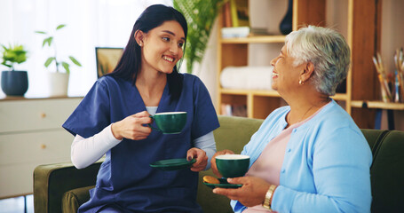 Senior woman, caregiver and tea in home for retirement support, relax and homecare assistance on...