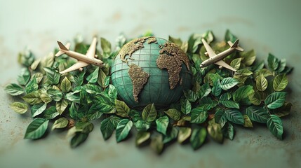 Logo design showcases green globe surrounded leaves integrating travel elements like airplanes and emphasizing eco friendly tourism. vibrant colors convey adventurous spirit.