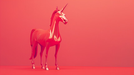 Fototapeta premium Minimalist red glossy unicorn sculpture with a reflective surface, showcased on a vibrant red background, exuding elegance and luxury. 3d render
