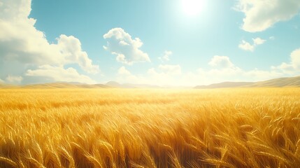Obraz premium Golden wheat fields under bright sky nature landscape rural view