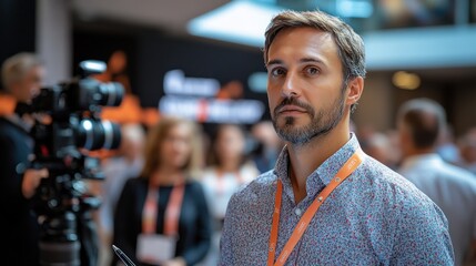 Fototapeta premium A man with a phone at a business event, surrounded by attendees and cameras.