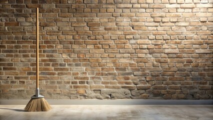 A simple broom stands in front of a rustic brick wall, ready to sweep away dirt and debris, symbolizing a fresh start and clean beginnings.