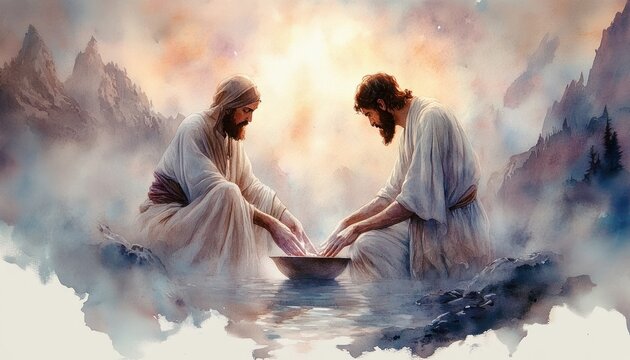 Jesus Washing Feet Humility Service Maundy Thursday Biblical Illustration Watercolor New Testament