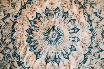 Fototapeta premium A beautifully crafted tapestry displays an intricate mandala design, showcasing floral and geometric patterns in calming shades. The detailed artwork invites creativity and inspiration.
