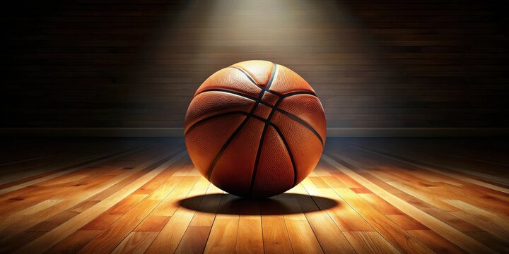 A single basketball sits on a hardwood floor, illuminated by a spotlight, ready for the game to begin.
