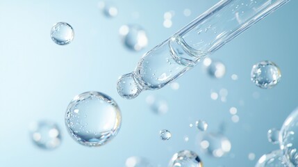 Close-up of serum droplets and dropper in a blue skincare concept