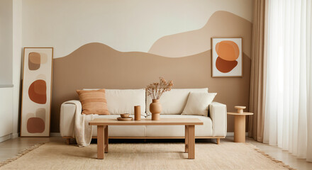 Modern minimalist living room with earth-toned abstract art and cozy neutral decor