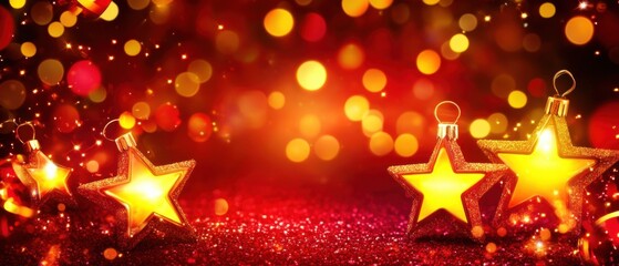 Sparkling Golden Stars Christmas Ornament Red Glitter Background