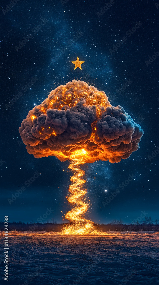 Poster surreal christmas tree explosion scene with fiery spiral and glowing star. festive night display wit