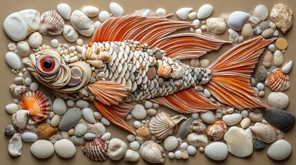 Obraz premium Seashell and pebble fish art on beige background.