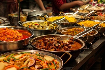 Obraz premium A variety of traditional foods fills the table at a busy market, including colorful curries, aromatic rice, and fresh vegetables, highlighting culinary diversity and cultural richness.