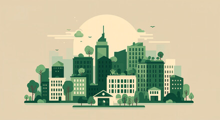 Obraz premium Eco-friendly urban landscape with nature-inspired green buildings and sunset sky