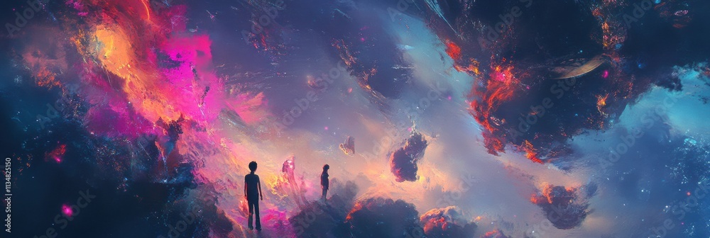 Poster Visitors engage with stunning digital artworks and avatars within a cosmic-themed virtual gallery that inspires creativity and imagination. Generative AI