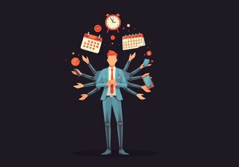 Multitasking businessman juggling tasks and deadlines with multiple arms