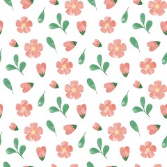 Pink flowers seamless pattern with cherry