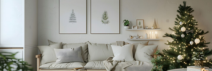 A Scandinavian-style Christmas nook with wooden furniture, white and gray decor, and a small pine tree with simple lights