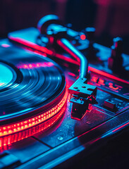 A vintage vinyl turntable, illuminated with vibrant neon red and blue lights, evoking a retro music atmosphere