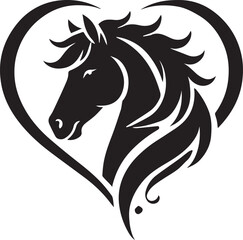 Naklejka premium Horse head silhouette within a heart shape vector silhouette black