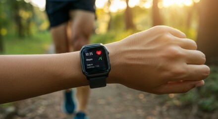 Fitness tracking: person running in nature with smartwatch heart rate monitor display