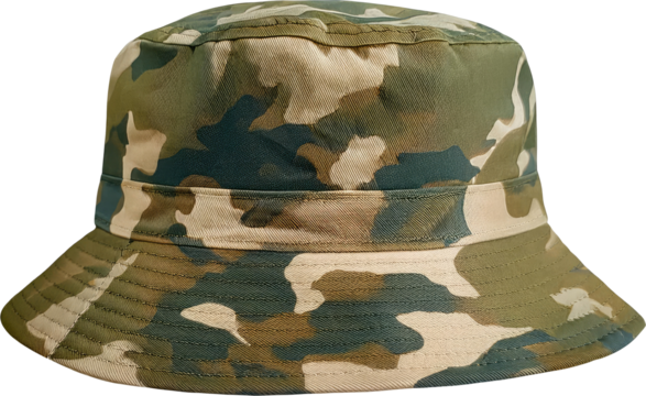 A camo-patterned bucket hat designed for outdoor wear and style, showcasing a blend of green, brown, and beige colors.