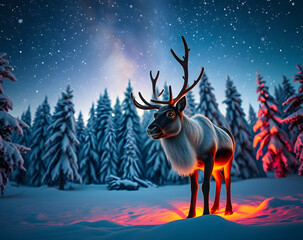 Majestic reindeer illuminated by a soft glow in a winter wonderland under a starlit sky