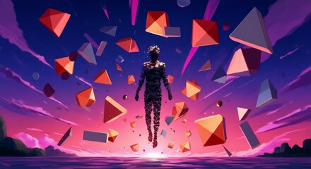 Surreal geometric transformation: floating figure amidst vibrant shapes at sunset