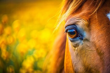 Naklejka premium Close-Up of a Horse's Eye with Yellow Background, Blurred Equine Iris Enhancing the Focus on Equine Beauty and Detail in Stunning Food Photography Style