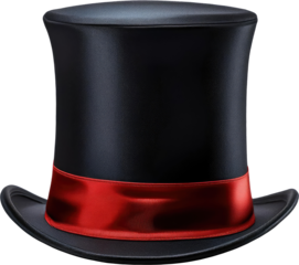 A classic black top hat with a shiny finish and a vibrant red ribbon around the base.