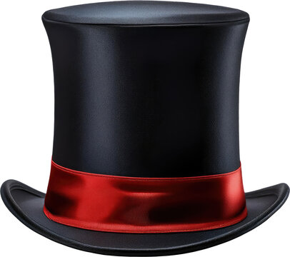 A classic black top hat with a shiny finish and a vibrant red ribbon around the base.