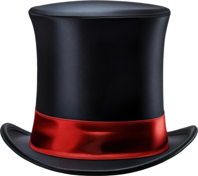 A classic black top hat with a shiny finish and a vibrant red ribbon around the base.