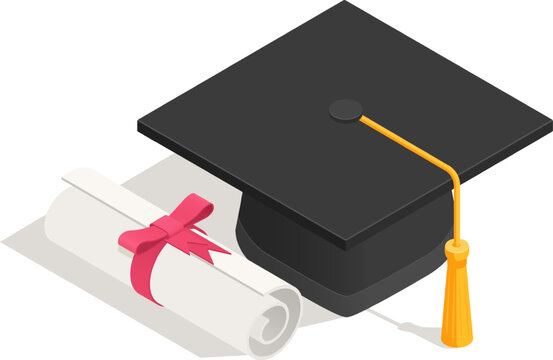Graduation cap with golden tassel near rolled diploma tied with pink ribbon, celebrating successful completion of studies and academic achievement