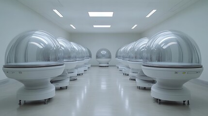 Rows of futuristic transparent pods in a sterile white room.