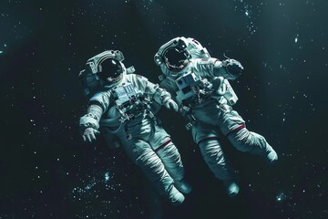 Two astronauts float in the dark expanse of space, engaged in a spacewalk amidst a backdrop of stars and cosmic phenomena, showcasing human exploration beyond Earth.