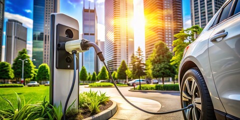Close-Up of an Electric Car Charger in an Urban Setting, Showcasing Modern Infrastructure and Sustainable Transportation Options