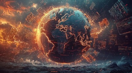 A fiery, futuristic depiction of Earth surrounded by glowing particles in a cosmic environment.