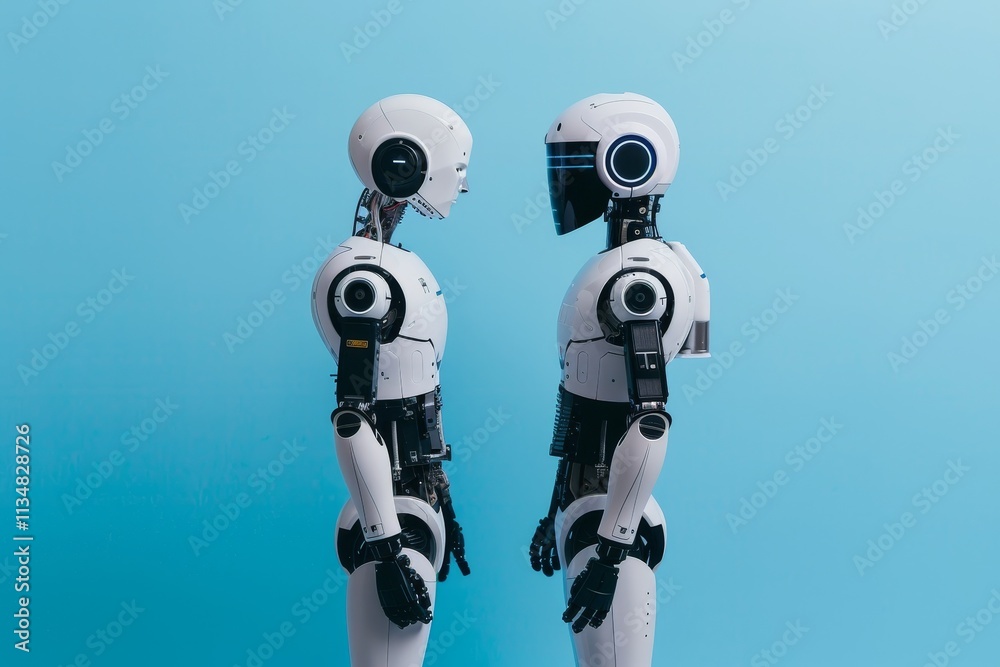 Poster two humanoid robots are positioned opposite each other on a solid blue backdrop. their sleek design 