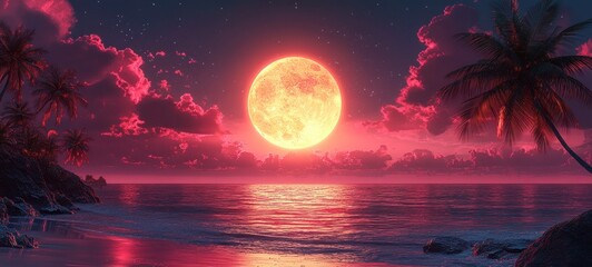 Tropical Beach Sunset Scene with Palm Trees and Moon in Retro Pop Art Style