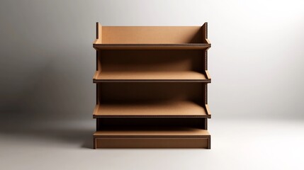 Empty three-tiered cardboard display stand on white background.