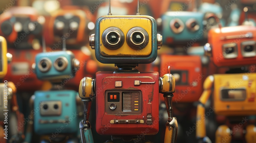 Poster a robot with a missing part amidst fully functioning robots, illustrating the beauty of diversity in