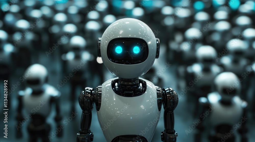 Poster a robot with a missing part amidst fully functioning robots, illustrating the beauty of diversity in