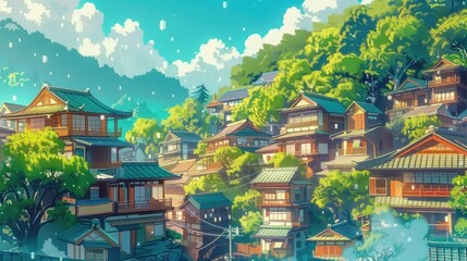 A beautiful and cozy japanese village city town in the morning wallpaper. buddhist temple shinto shrine. anime comics artstyle. cozy lofi asian architecture