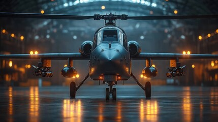 A military helicopter positioned in a dimly lit hangar, showcasing its tactical design.