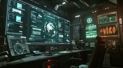 Fototapeta premium High-tech control room operations futuristic design digital displays cyber environment inside view innovation in technology