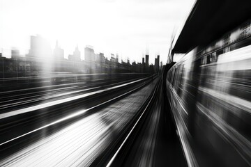 A blurred view of train tracks and a city skyline, conveying motion and urban energy.