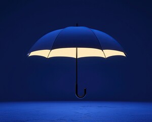 A minimalist blue umbrella illuminated from below, creating a striking contrast against the dark background.