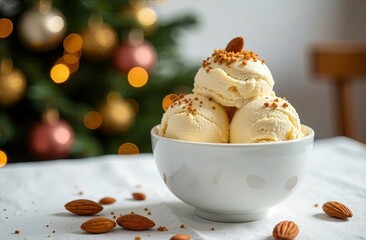 sweet dessert - colorful ice cream in balls sprinkled with nuts, chocolate or berries added, on a festive New Year's background